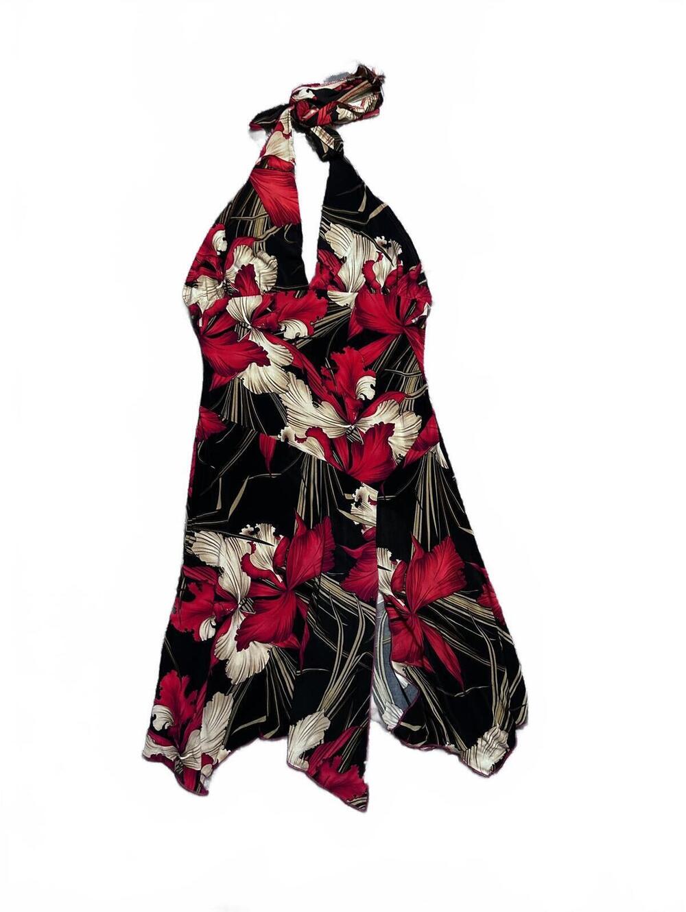 Y2K Floral Print Halter Neck Dress With Fairy Hem Size L